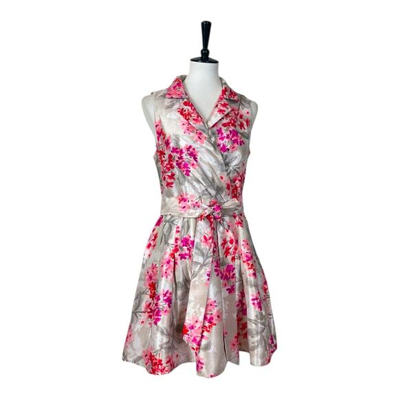 Jessica Howard New Fit Flare Dress Full Skirt Gray Pink Floral Women’s Size 10 - Picture 1 of 14